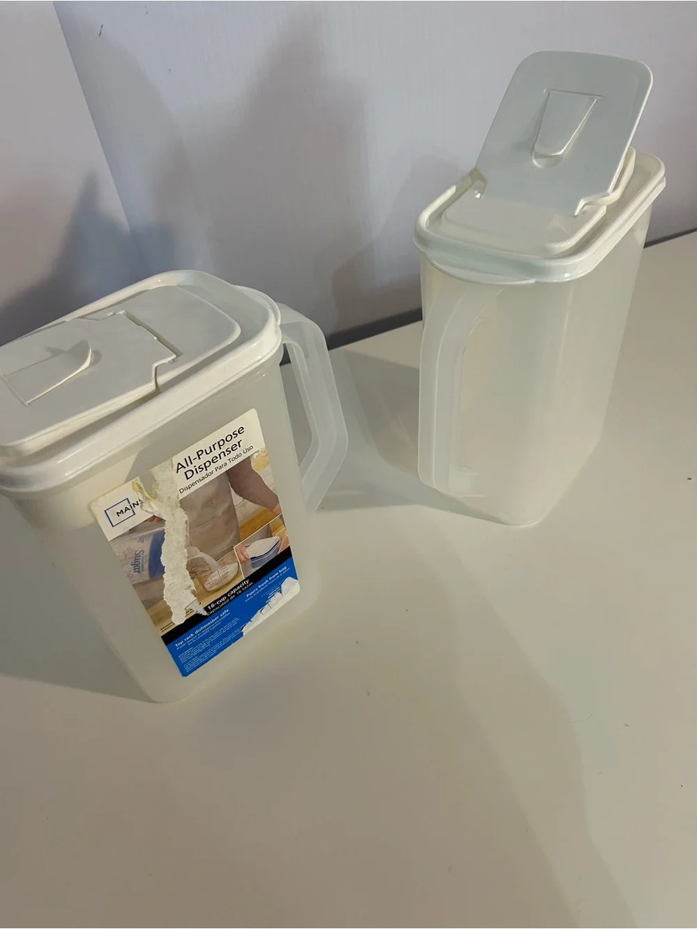 2 All-Purpose White Plastic Dispensers with handles- set of 2- Pitcher with Lid